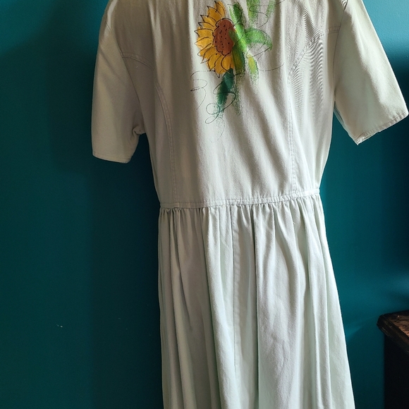 vintage 90s hand painted denim dress size large button front pastel green flower - Picture 5 of 9